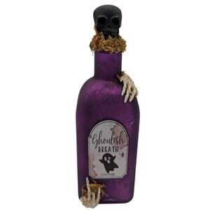 Ghoulish Breath Halloween Potion Bottle Purple Glass Skull Skeleton Decor 9.5in